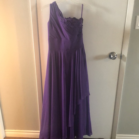 Purple, one shoulder floor length prom dress, teared/layered skirt - Picture 2 of 4